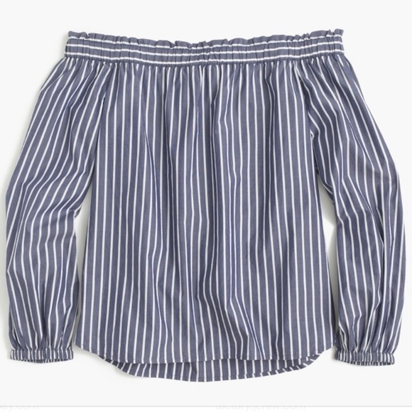 NWT J. Crew Striped Off Shoulder 3/4 Puff Sleeve Top In Blue & White - Picture 2 of 8